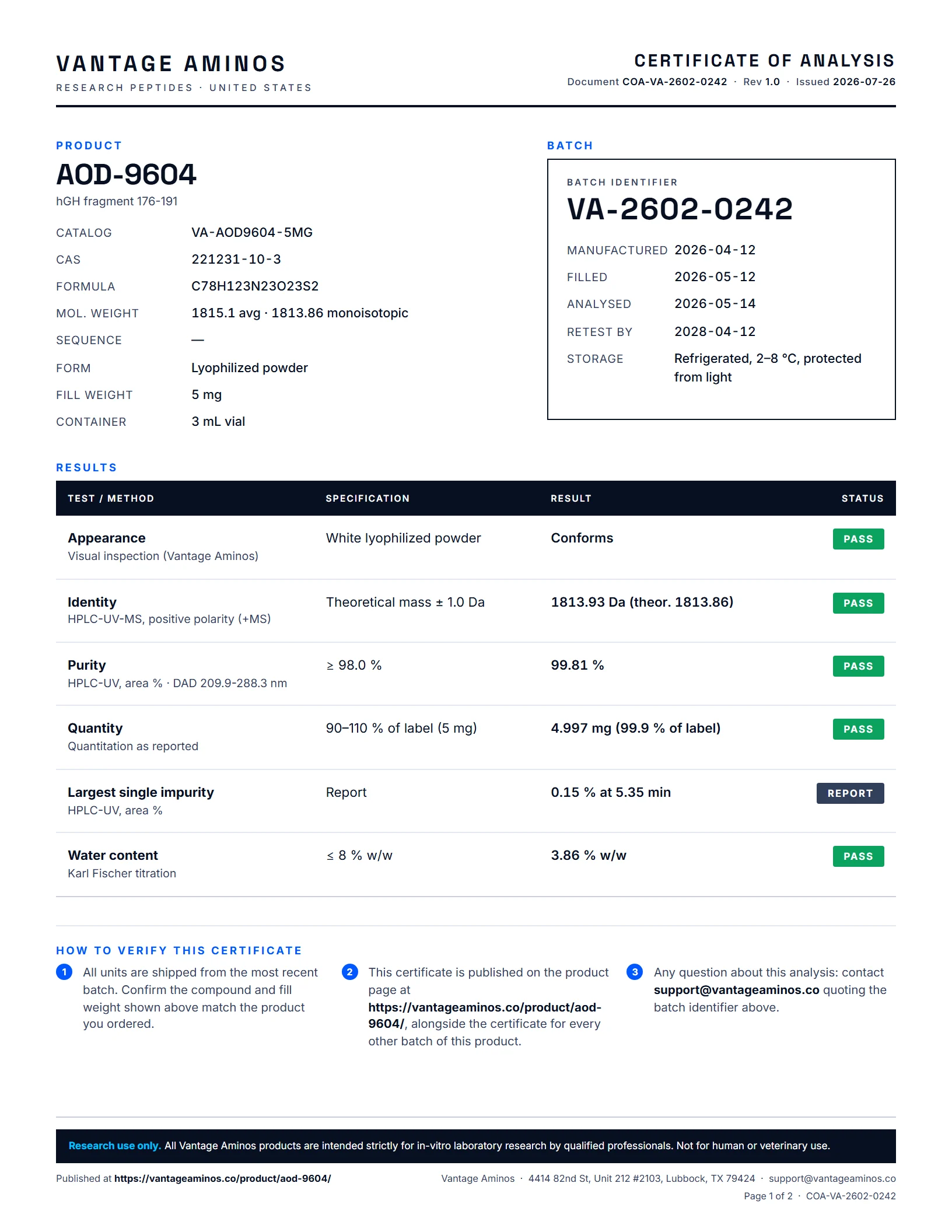 Certificate of Analysis for AOD-9604, batch VA-2602-0242, page 1