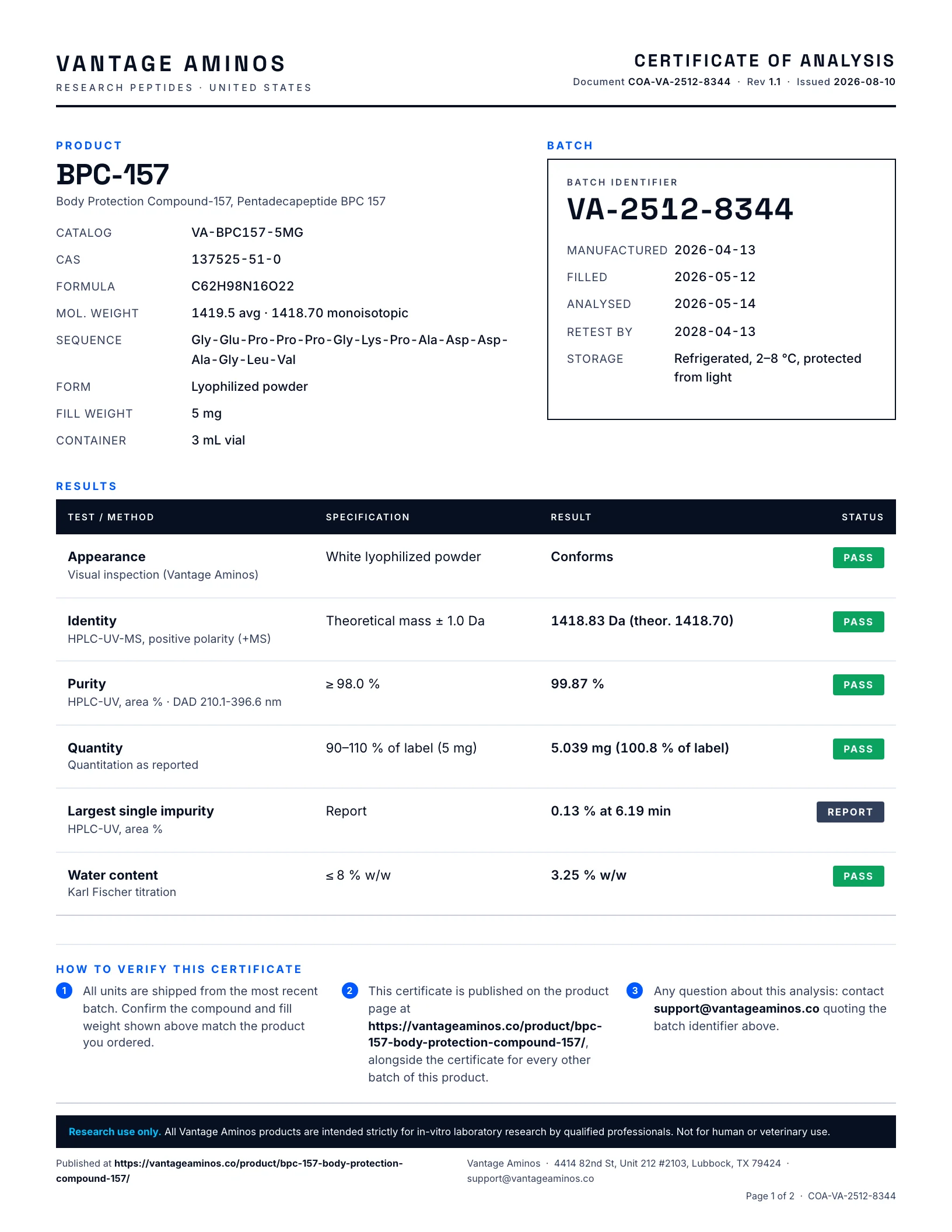 Certificate of Analysis for BPC-157, batch VA-2512-8344, page 1