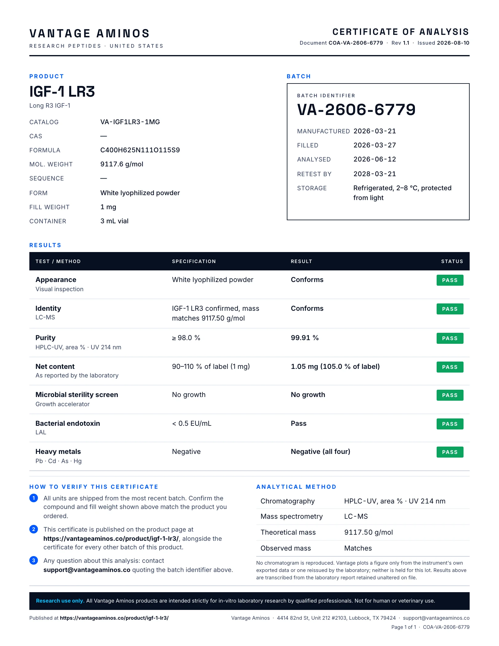 Certificate of Analysis for IGF-1 LR3, batch VA-2606-6779