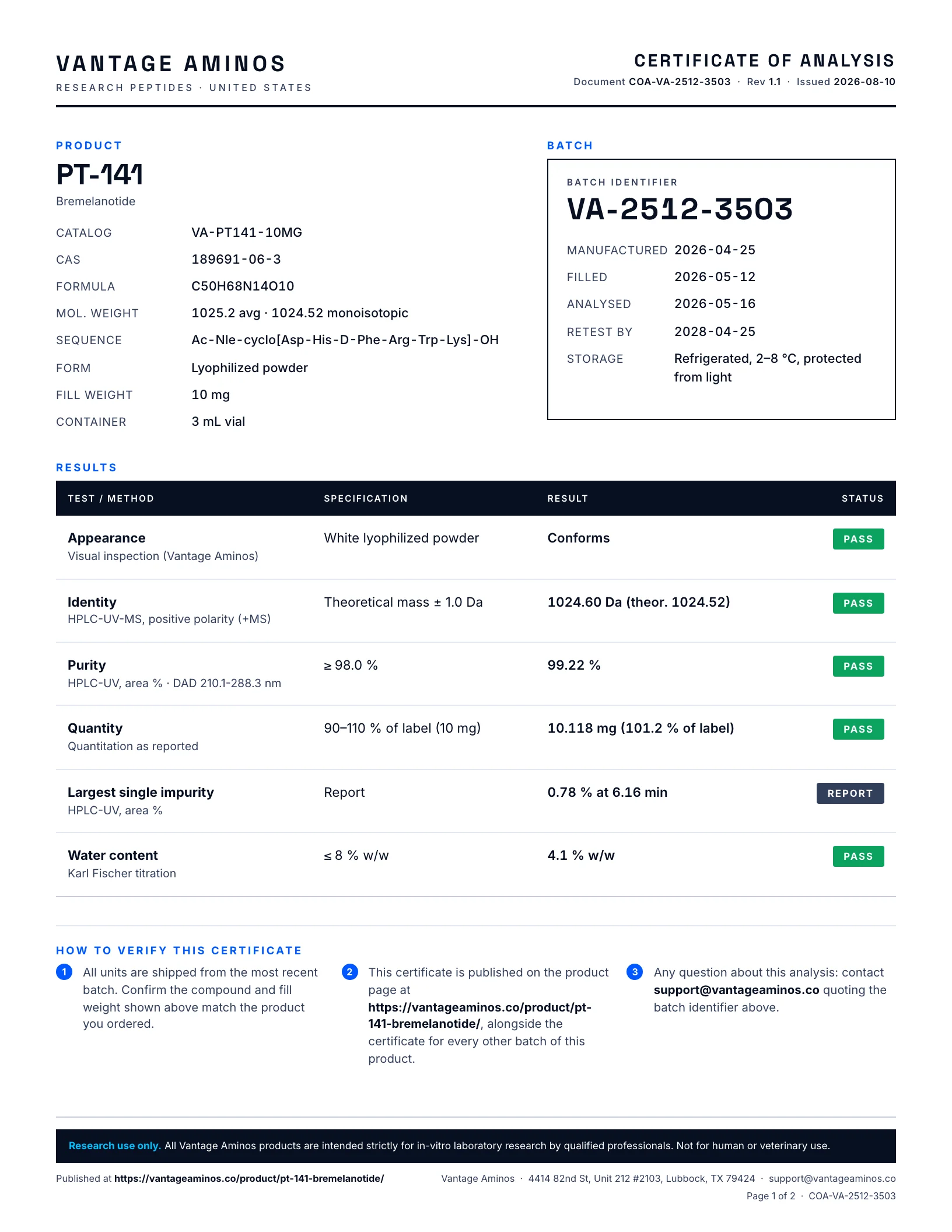 Certificate of Analysis for PT-141, batch VA-2512-3503, page 1