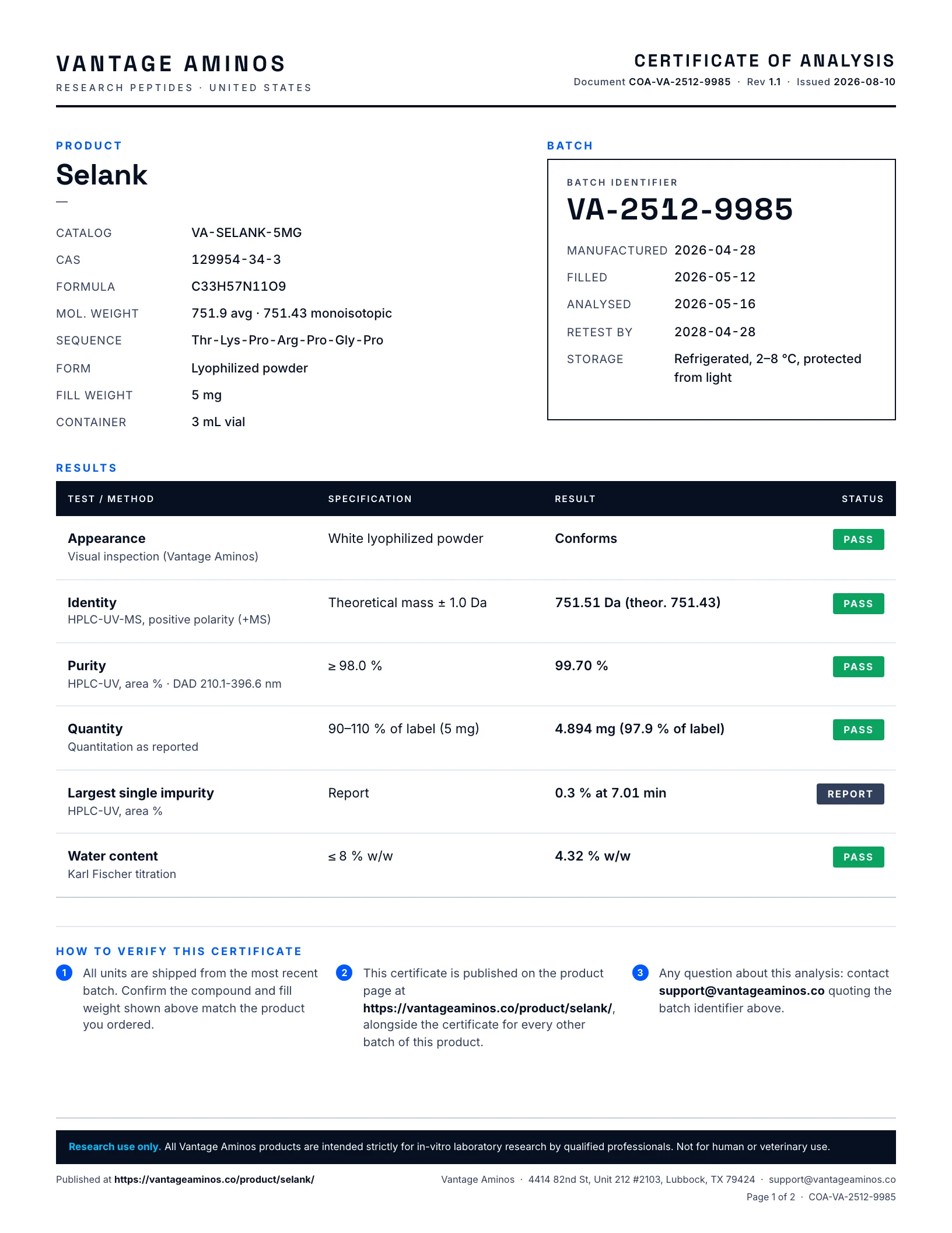 Certificate of Analysis for Selank, batch VA-2512-9985, page 1